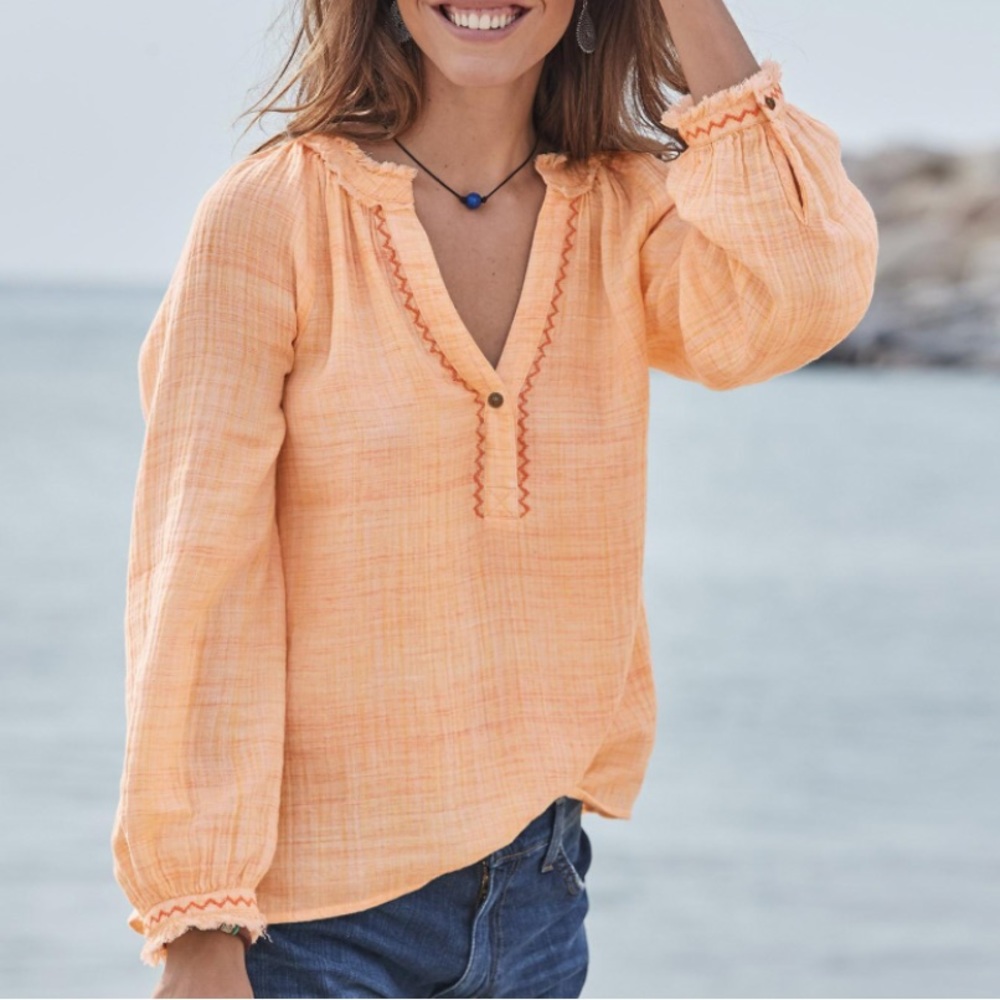 Sundance Gentle Breeze Gauze Cotton Flowy Orange Long Sleeve Top Size Small